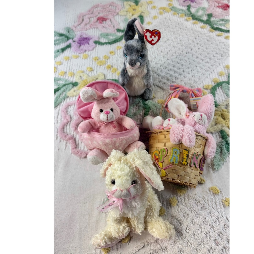 Ty Beanie Babies Easter Bunny Plush Lot Hopper Marshmallow March of Dimes Basket